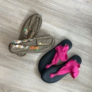 Hot pink pair and a slip on tan Hawaiian print with the Hawaiian islands